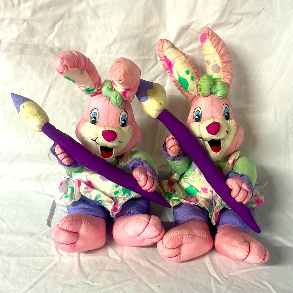 2 Trendmasters Pink Rabbit Plush Paint Brush 10 Inch 1993 Stuffed Animal Toy
